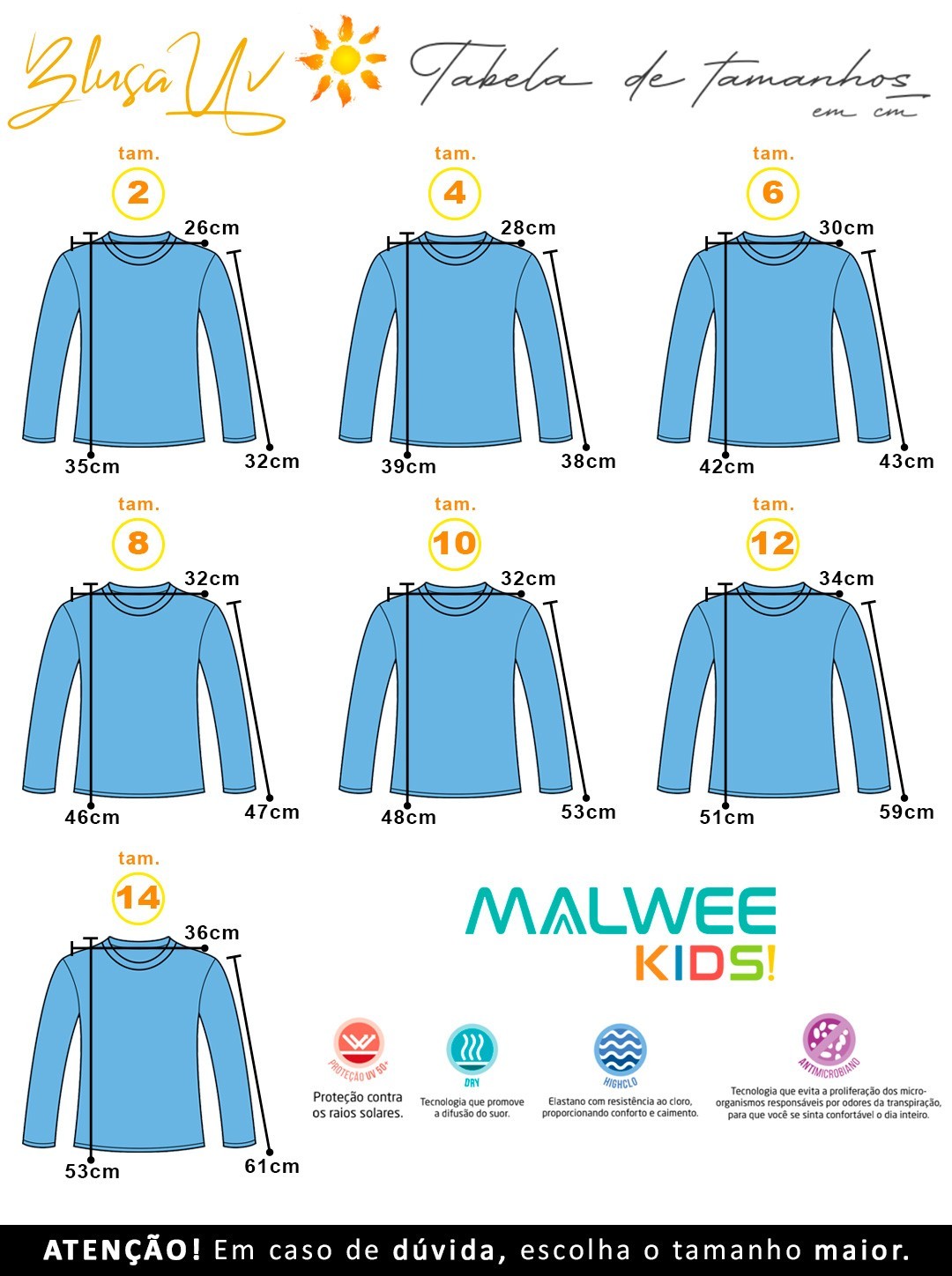 Blusa com Proteção UV Infantil Feminino Verão Rosa Be Happy - Malwee: Tabela de medidas