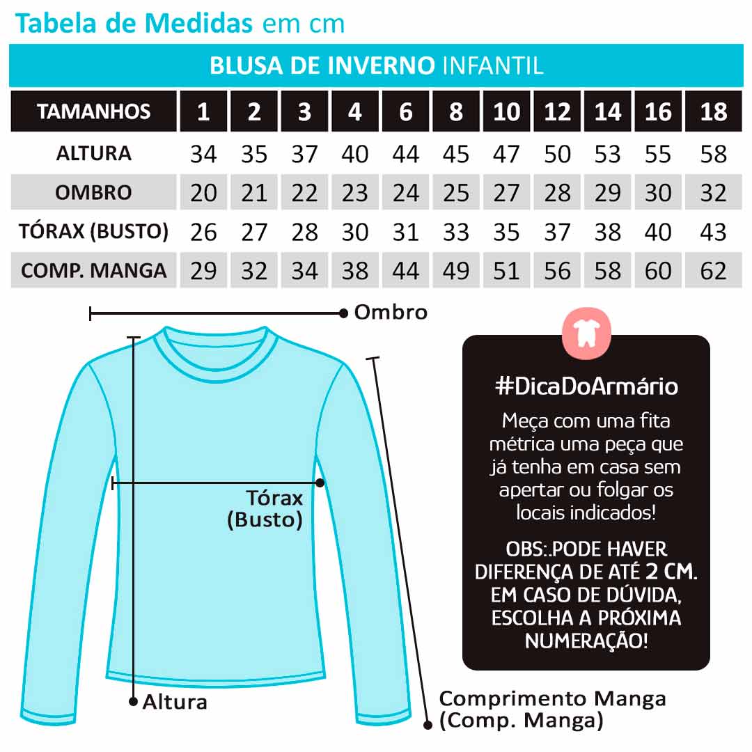 Blusa Infantil Feminina Rosa Manga Longa Listras - Malwee: Tabela de medidas