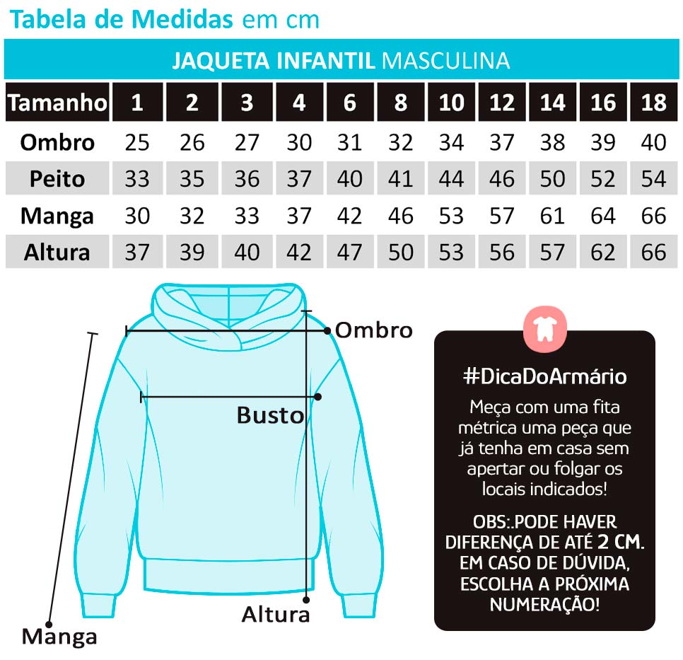 Blusão Masculino Infantil Flanelada Preto - Elian: Tabela de medidas