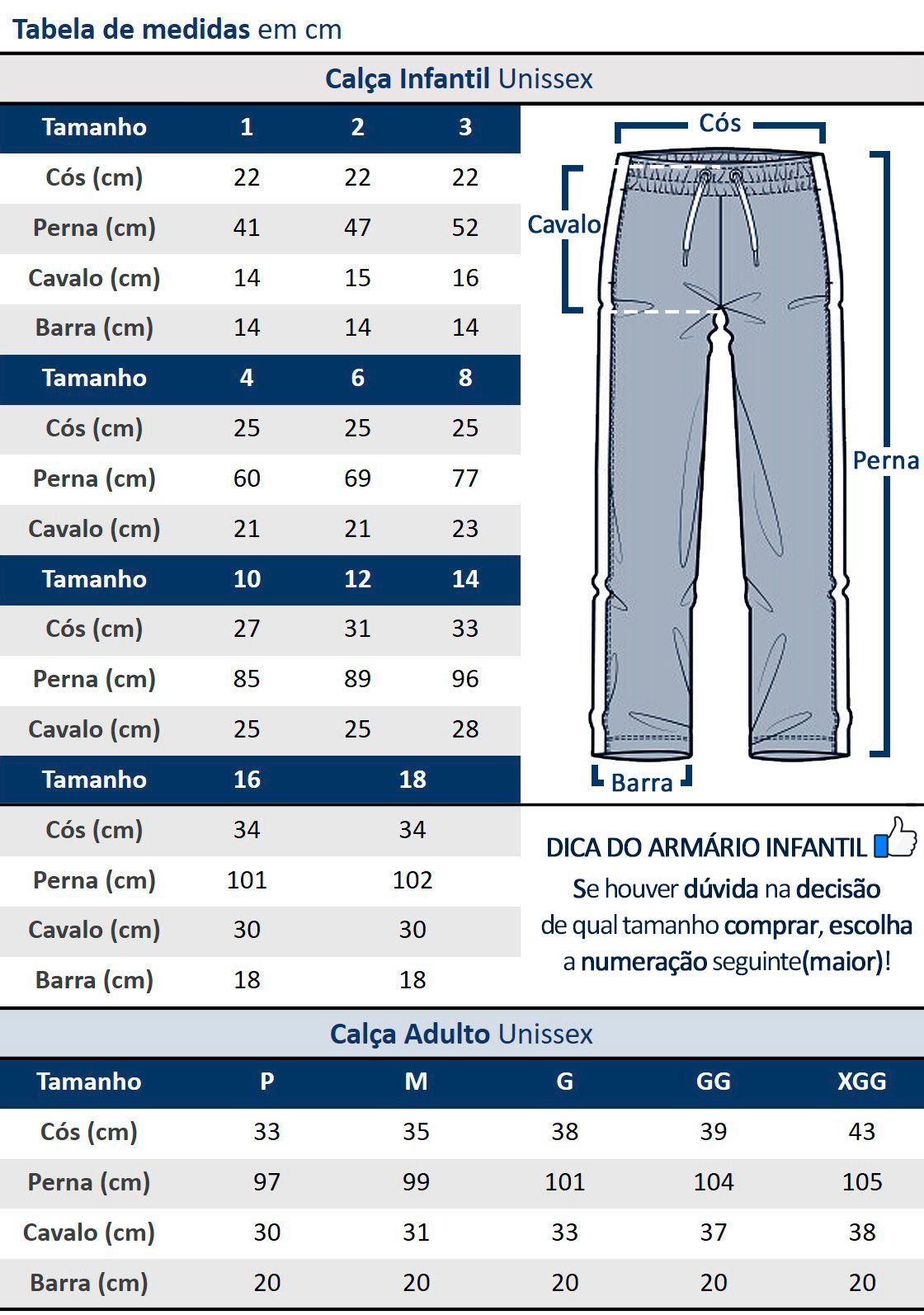 Calça Moletom Flanelado Adulto Masculina Azul Inverno Malwee: Tabela de medidas