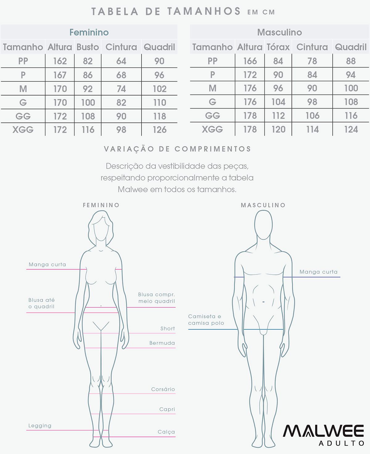 Calça de Moletom Flanelada ADULTO Cinza Malwee: Tabela de medidas