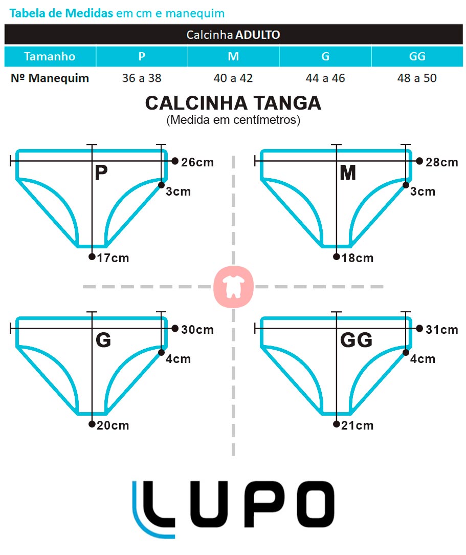 Calcinha ADULTO Tanga Nude Lupo: Tabela de medidas