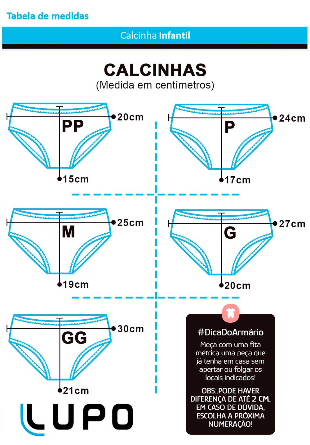 Calcinha Infantil Kit 2 Cinza Poá Lupo: Tabela de medidas