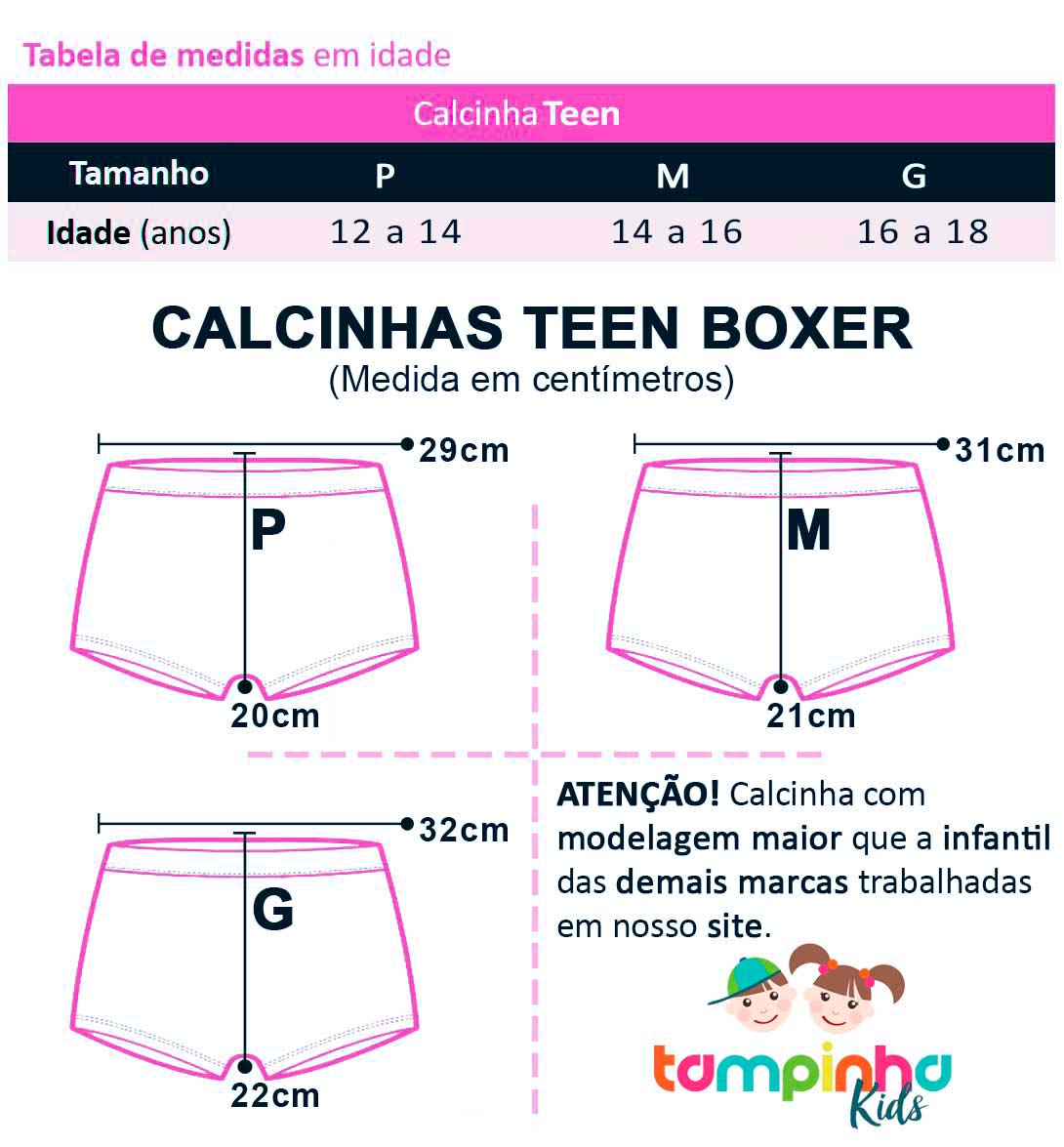 Calcinha Juvenil Boxer Kit 3 Lisas - Tampinha: Tabela de medidas
