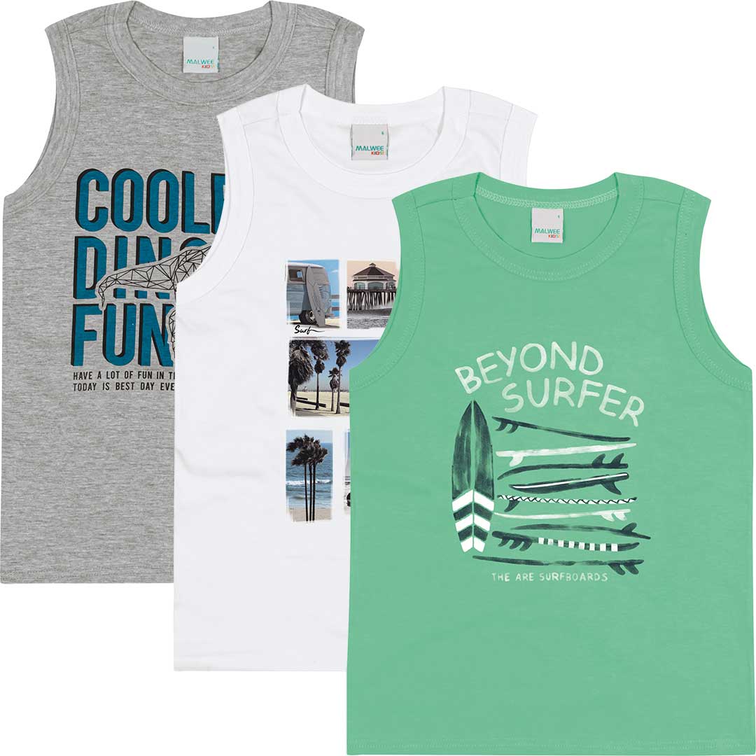 Camiseta Regata Infantil Masculina Verde Kit 3 Peças Surfer - Malwee