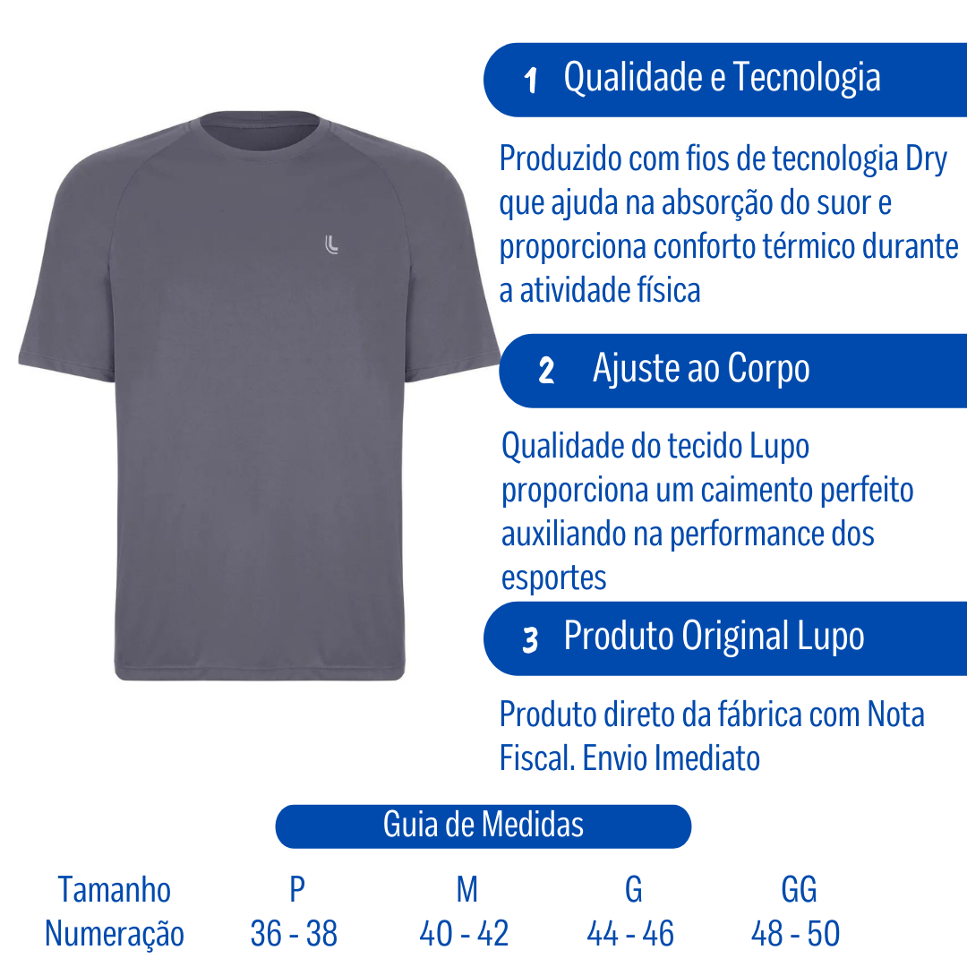 Camiseta Masculina Meia Manga Performance Academia Cinza - Lupo Sport: Tabela de medidas