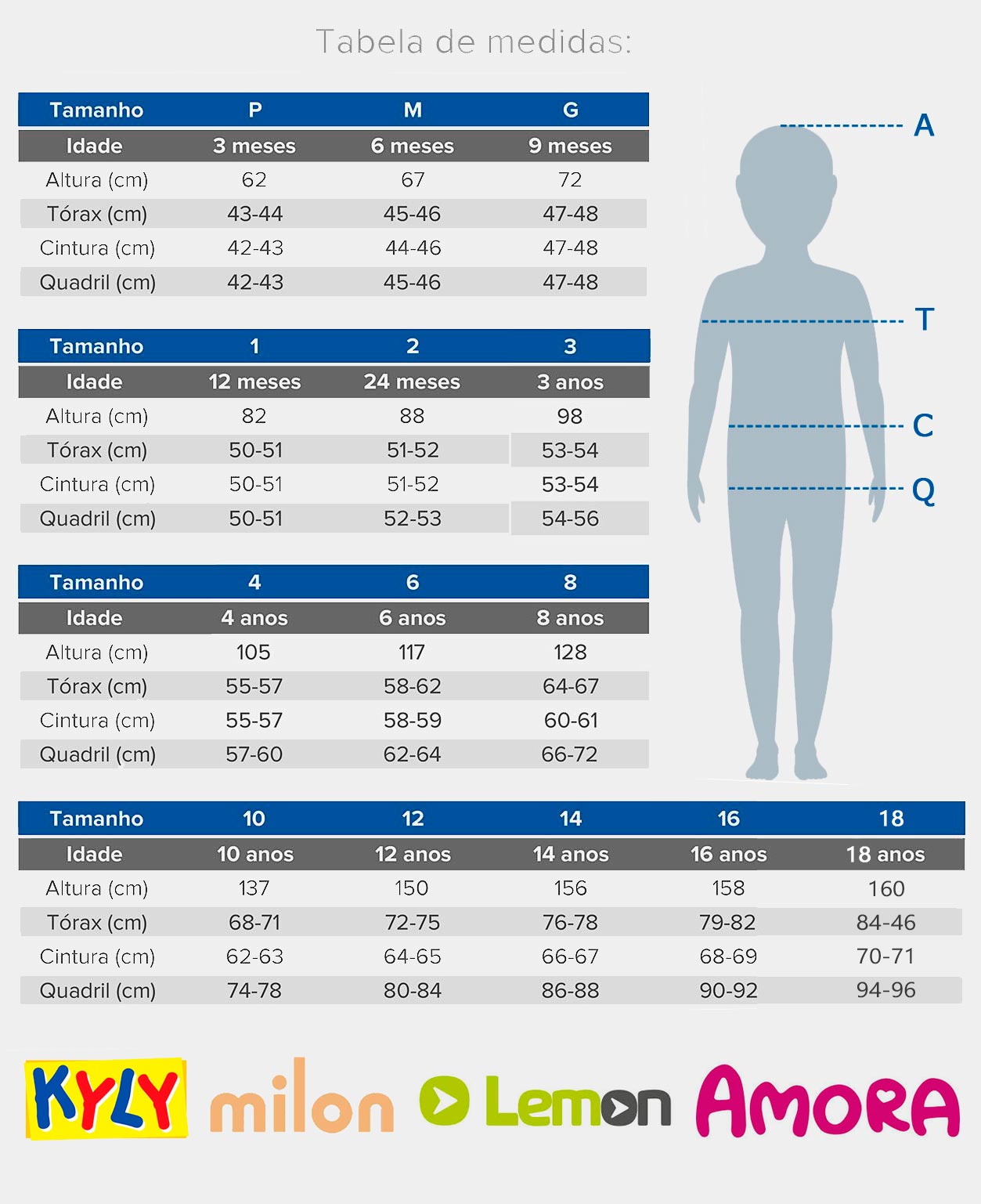 Camisola Infantil Verão Cinza Ice Cream Dream - Kyly: Tabela de medidas