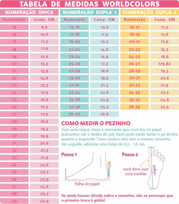 Chinelo Infantil Feminino Rosa Floral Pimpolho: Tabela de medidas