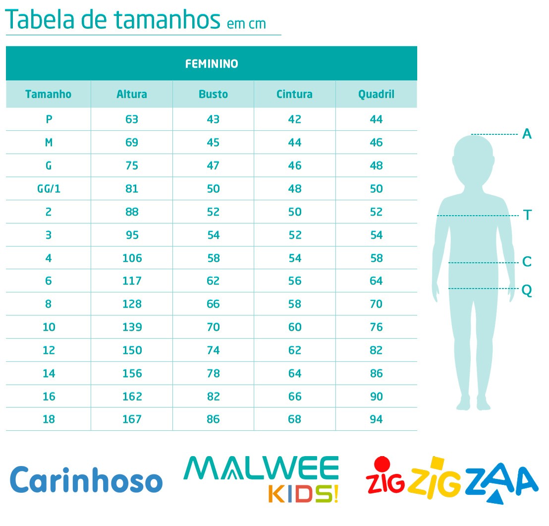 Conjunto Infantil Feminino Azul Malha Leve Inverno Malwee: Tabela de medidas