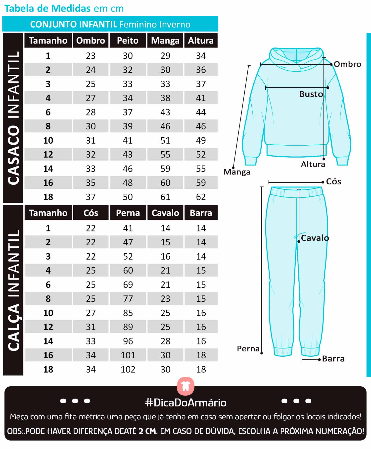 Conjunto Infantil Feminino Inverno Blusa e Calça Vermelho Malwee: Tabela de medidas