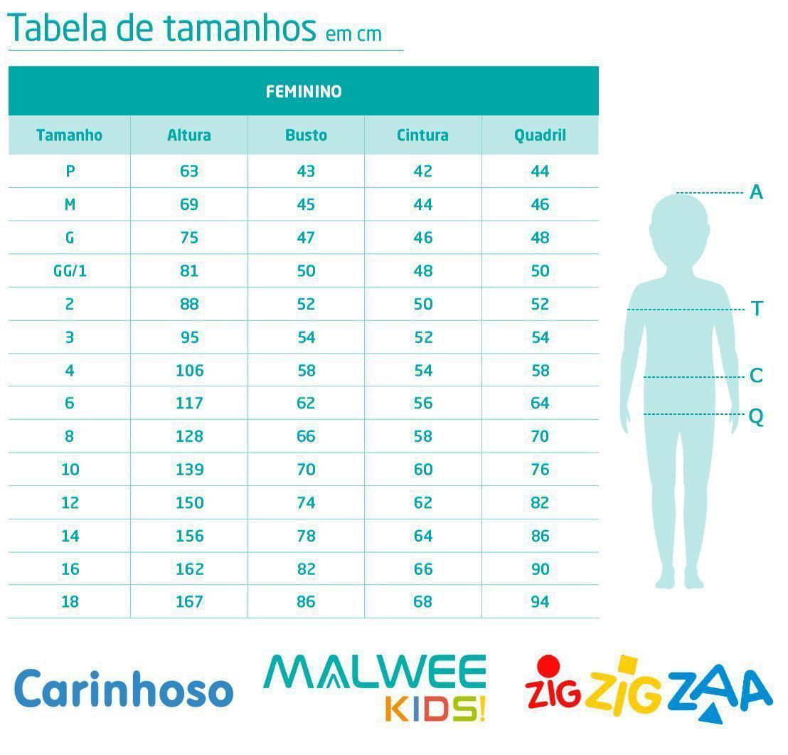 Conjunto Infantil Feminino Rosa Verão Malwee: Tabela de medidas