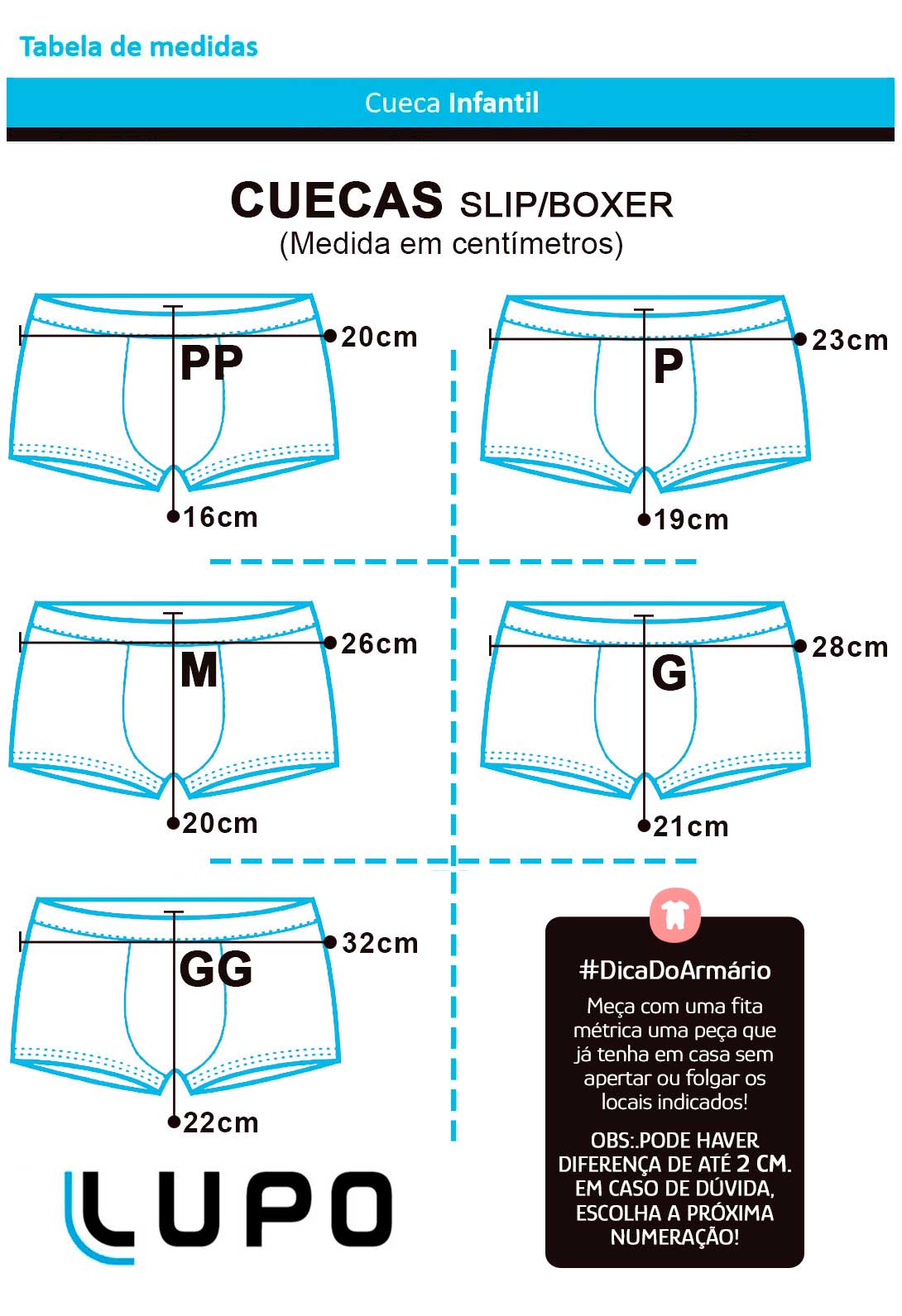 Cueca Infantil Boxer Kit 2 cuecas Marinho Lupo: Tabela de medidas
