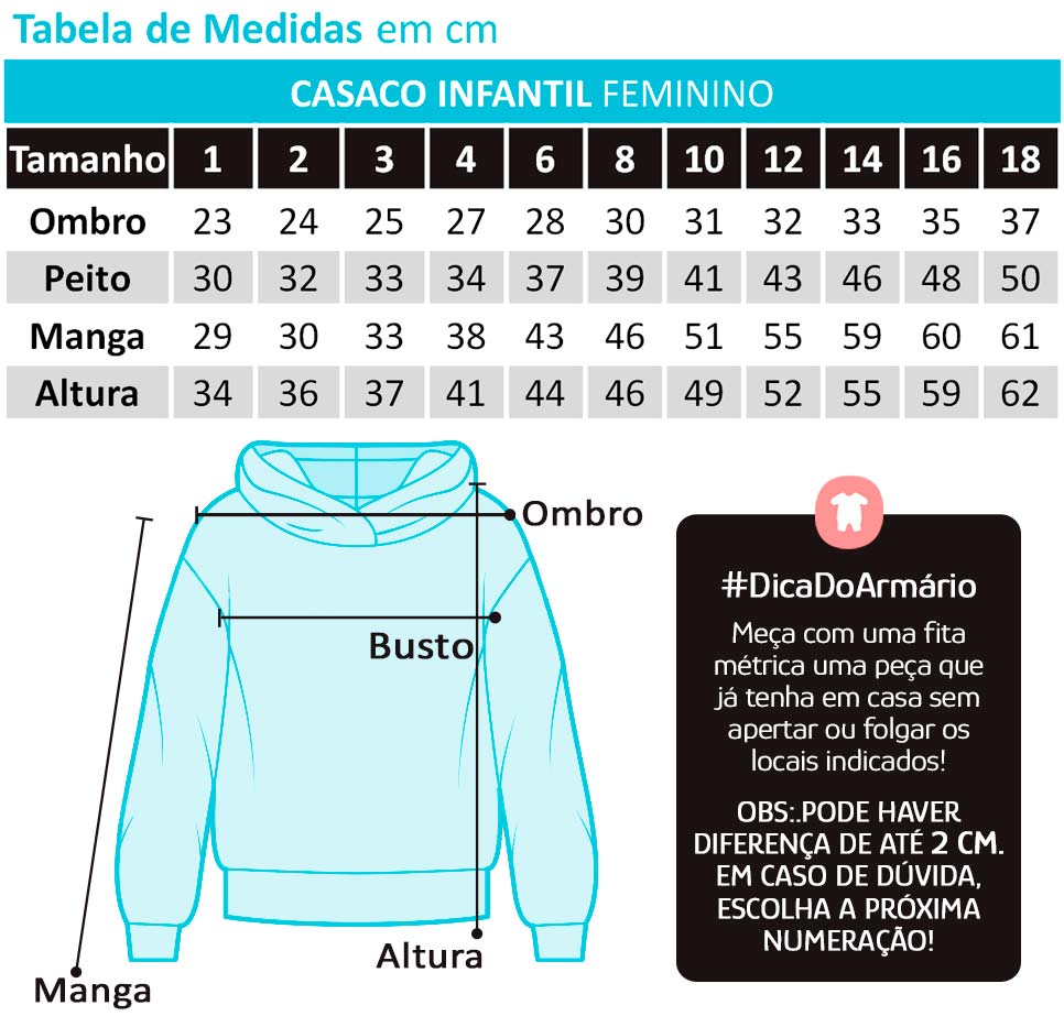 Jaqueta Infantil Feminina com Capuz Azul - Alakazoo: Tabela de medidas