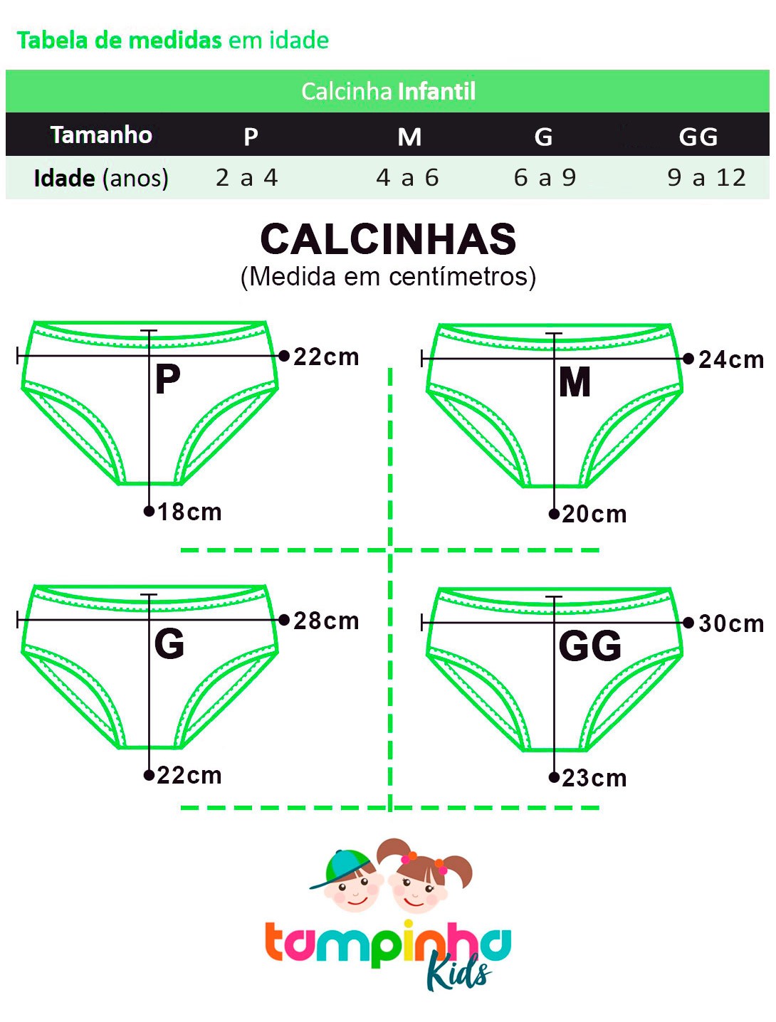 Kit 3 Calcinha Infantil Boxer Estampada - Tampinha: Tabela de medidas