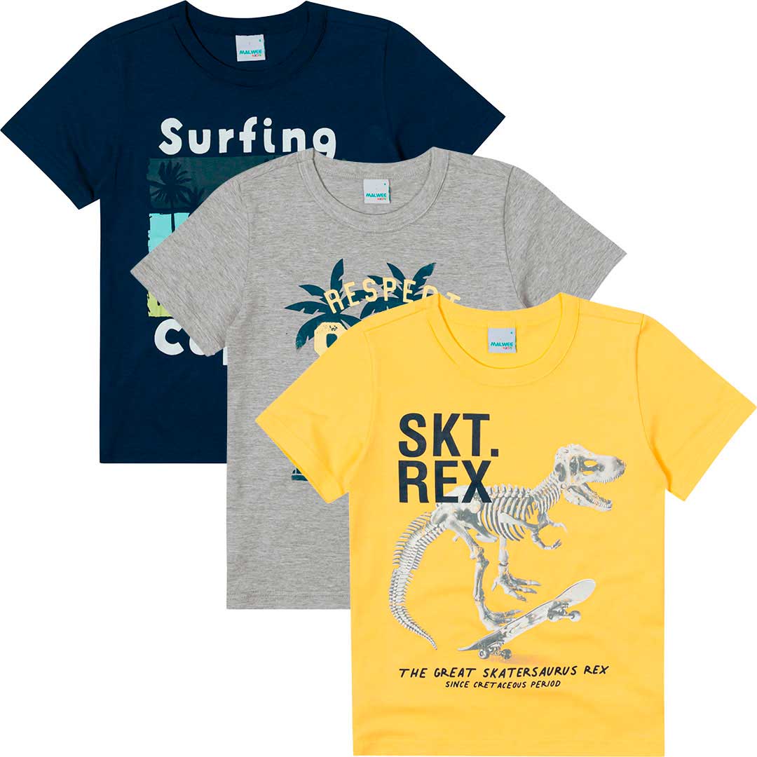 Kit 3 Camisetas Manga Curta Infantil Masculina Amarela Rex - Malwee