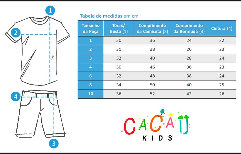 Kit 3 Conjunto Infantil Masculino Manga Curta e Bermuda - Cacau Kids: Tabela de medidas