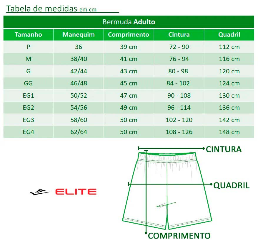 Kit Futebol Short Adulto Elite + Meião Adulto Elite: Tabela de medidas