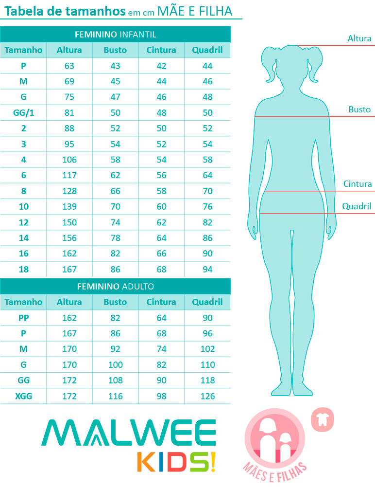 Kit Pijama Mãe + Pijama Filha Azul Marinho Borboleta - Malwee: Tabela de medidas