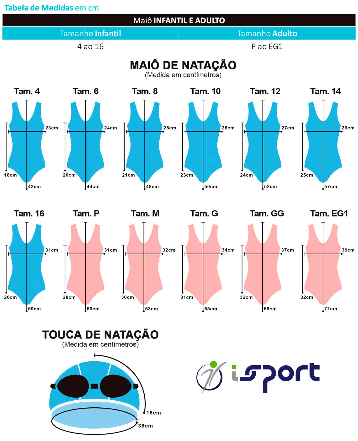 Kit Touca + Maiô de Natação Azul Marinho - iSport: Tabela de medidas