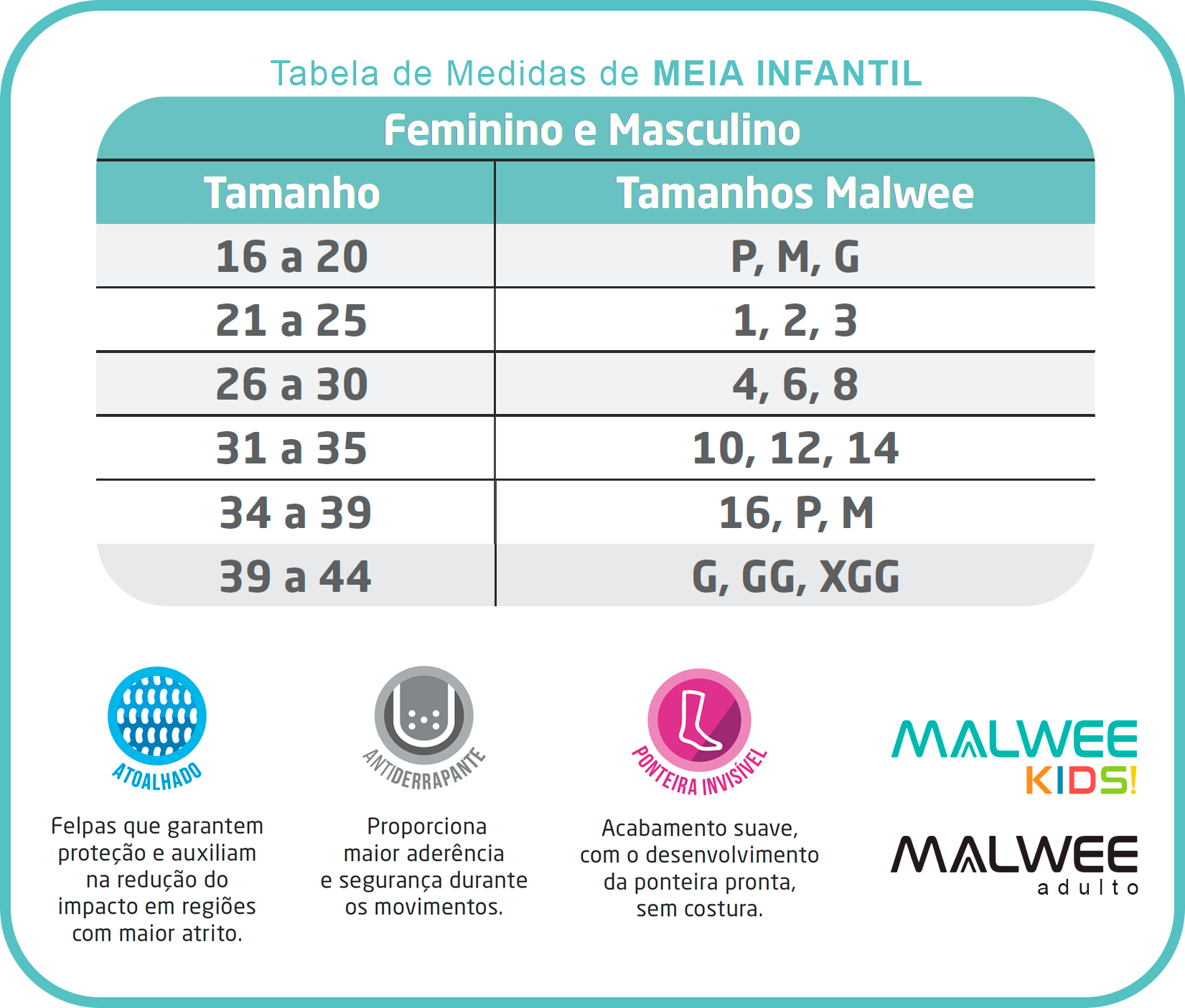 Meia Antiderrapante Infantil Cinza Cano Alto Masculina Hey - Malwee: Tabela de medidas
