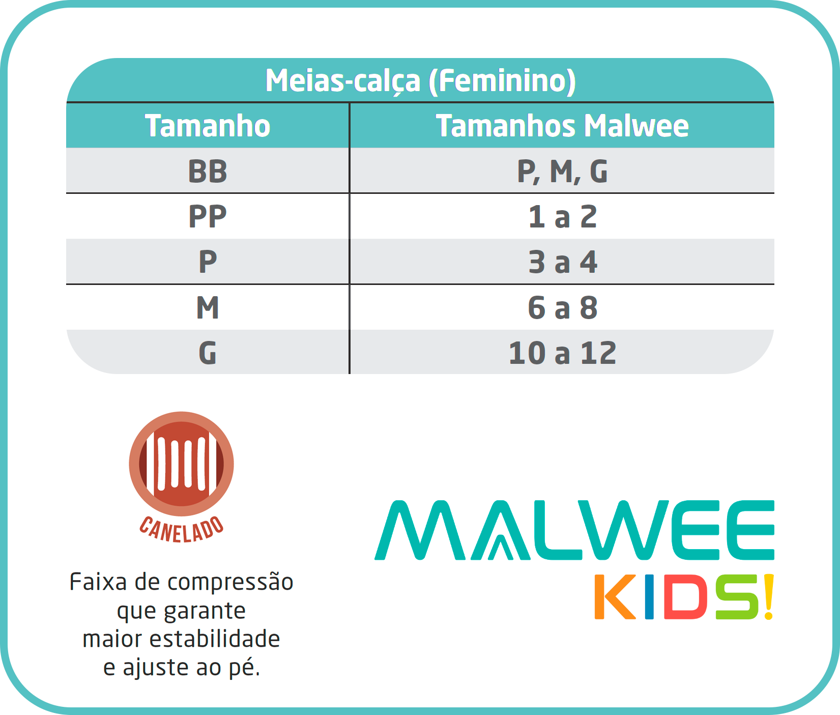 Meia Calça Infantil Rosa Canelada Fio 80 - Malwee: Tabela de medidas