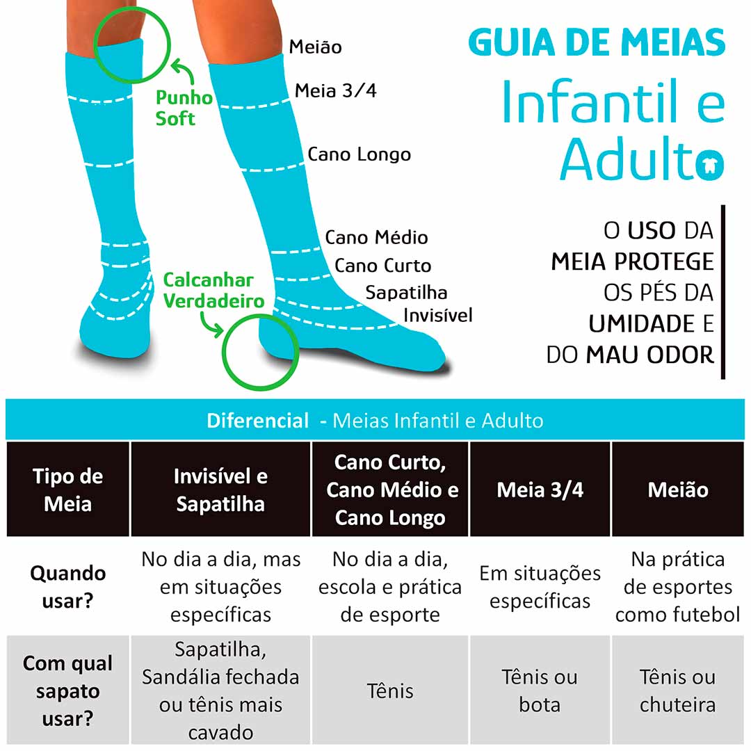 Meia Infantil Cano Médio Feminina Rosa Pavão Kit 3 Pares Lupo: Tabela de medidas