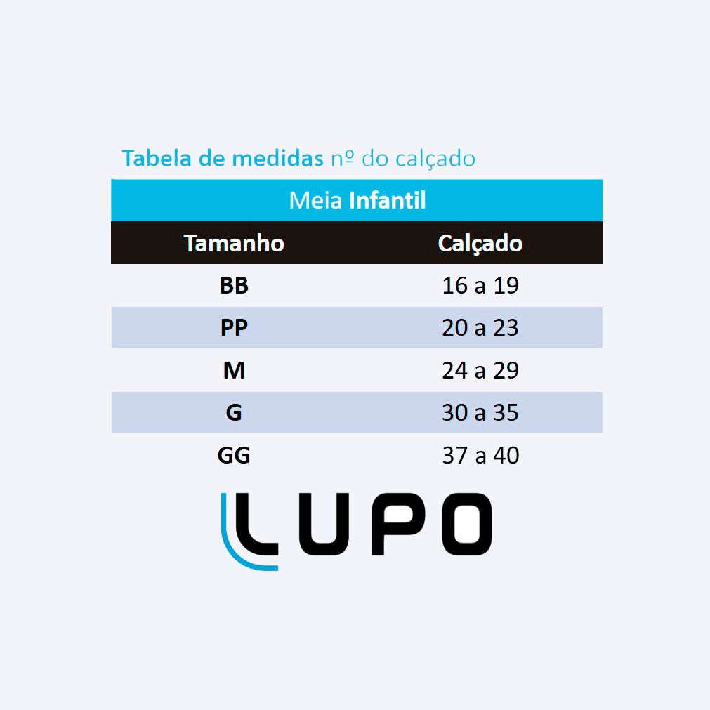 Meia Sapatilha Infantil Cores Kit 9 Lupo: Tabela de medidas
