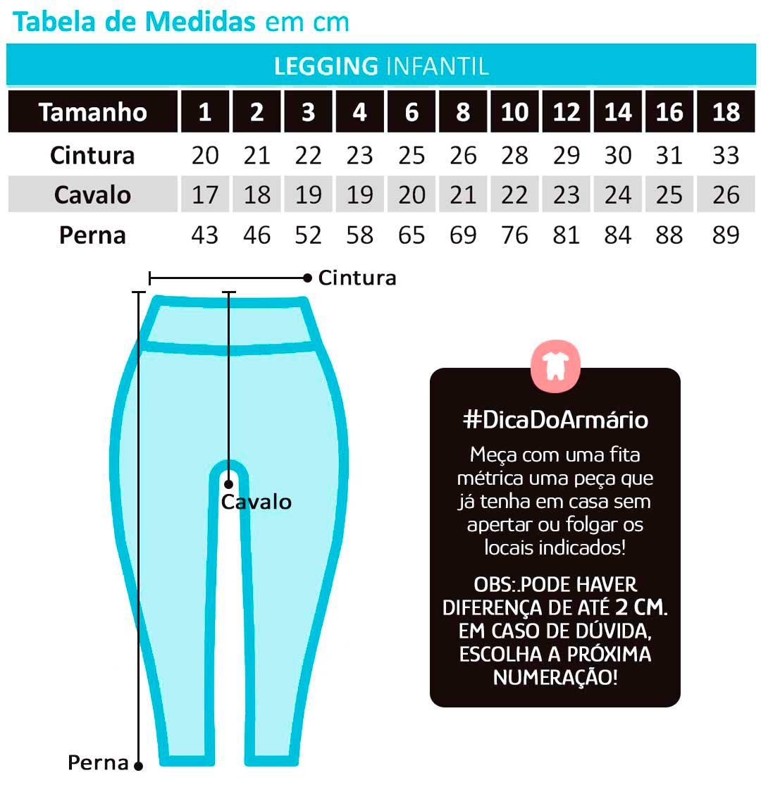 MONTE SEU KIT Legging Infantil Feminina Cores Kit 3 Peças - Malwee: Tabela de medidas