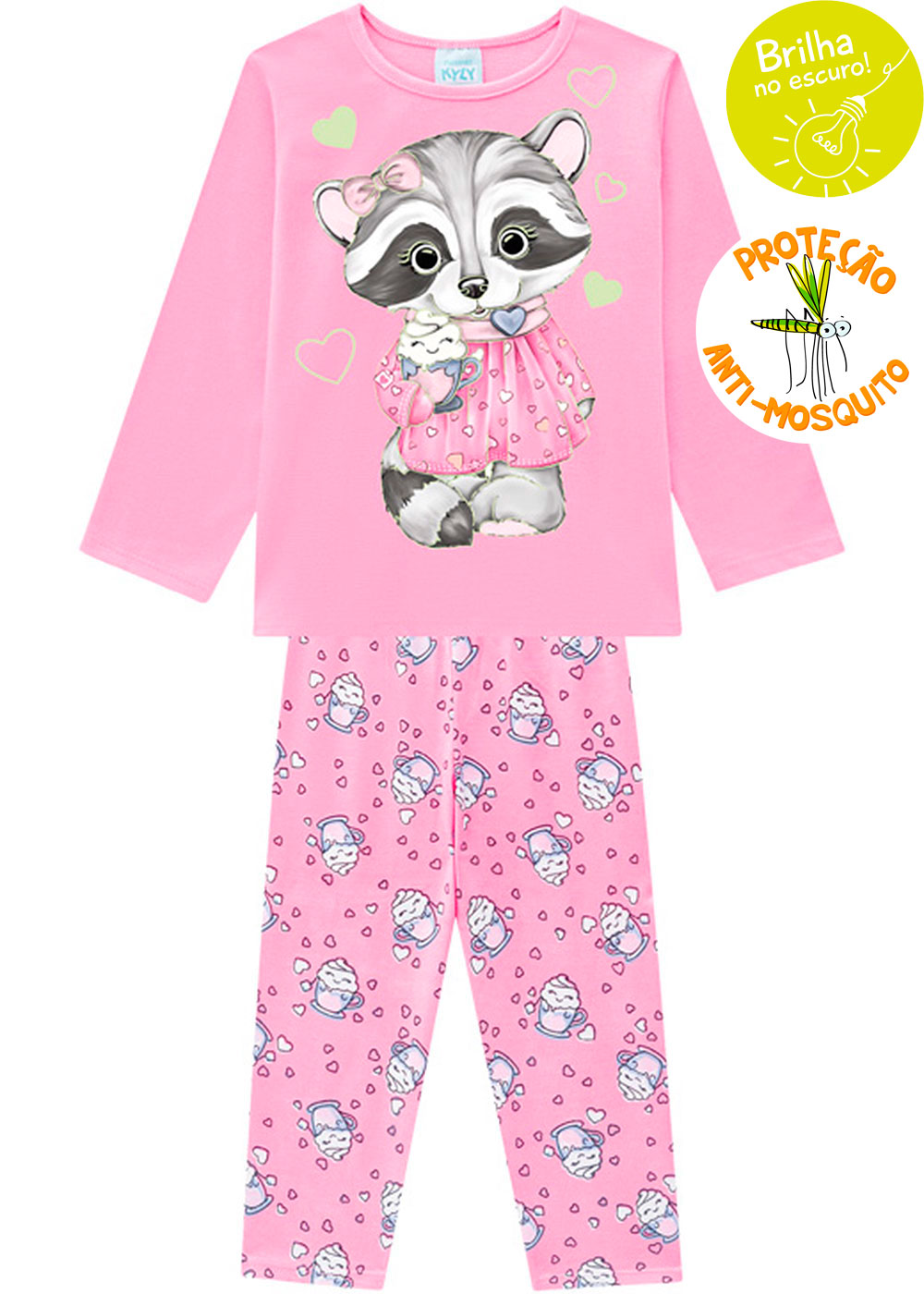 Pijama Infantil Feminino Anti-Mosquito Rosa que Brilha no Escuro Inverno Kyly
