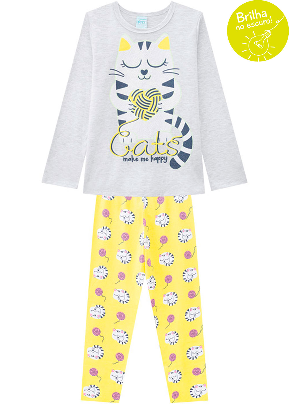 Pijama Infantil Feminino Inverno Brilha no Escuro Cats Cinza Kyly