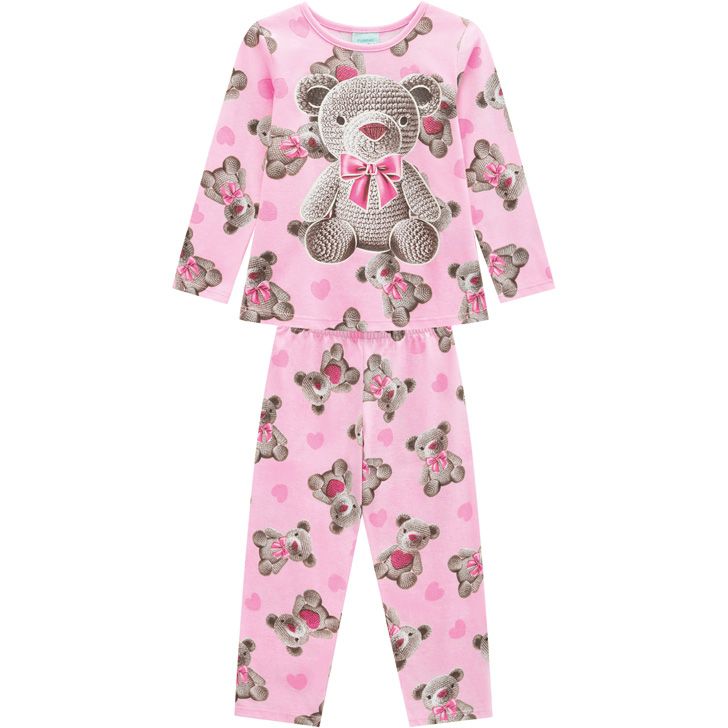 Pijama Infantil Feminino Inverno Rosa Bear Brilha no Escuro - Kyly