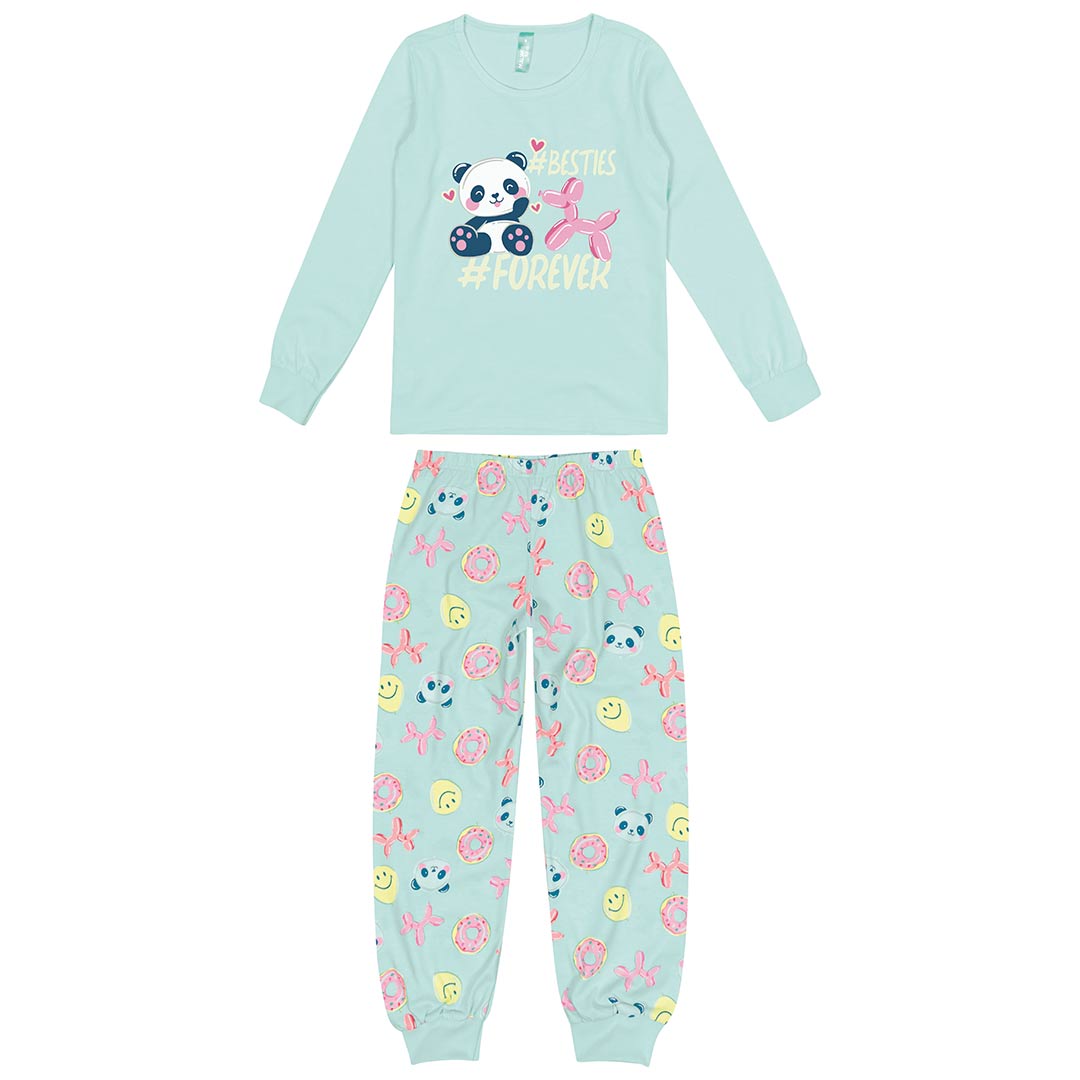 Pijama Infantil Feminino Longo Azul Brilha no Escuro Panda Besties - Malwee