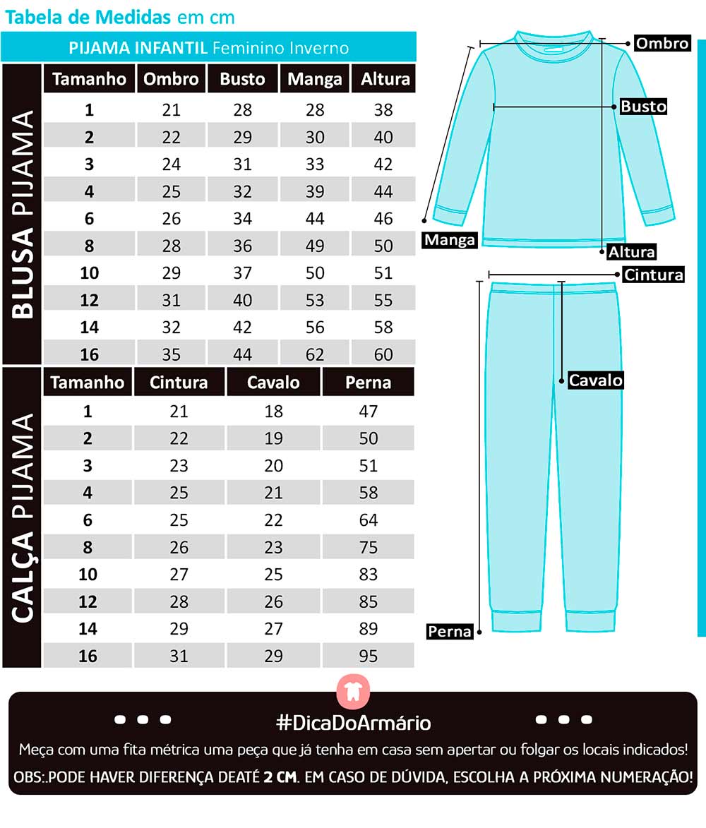 Pijama Infantil Feminino Longo Brilha no Escuro Azul Cachorro - Kyly: Tabela de medidas
