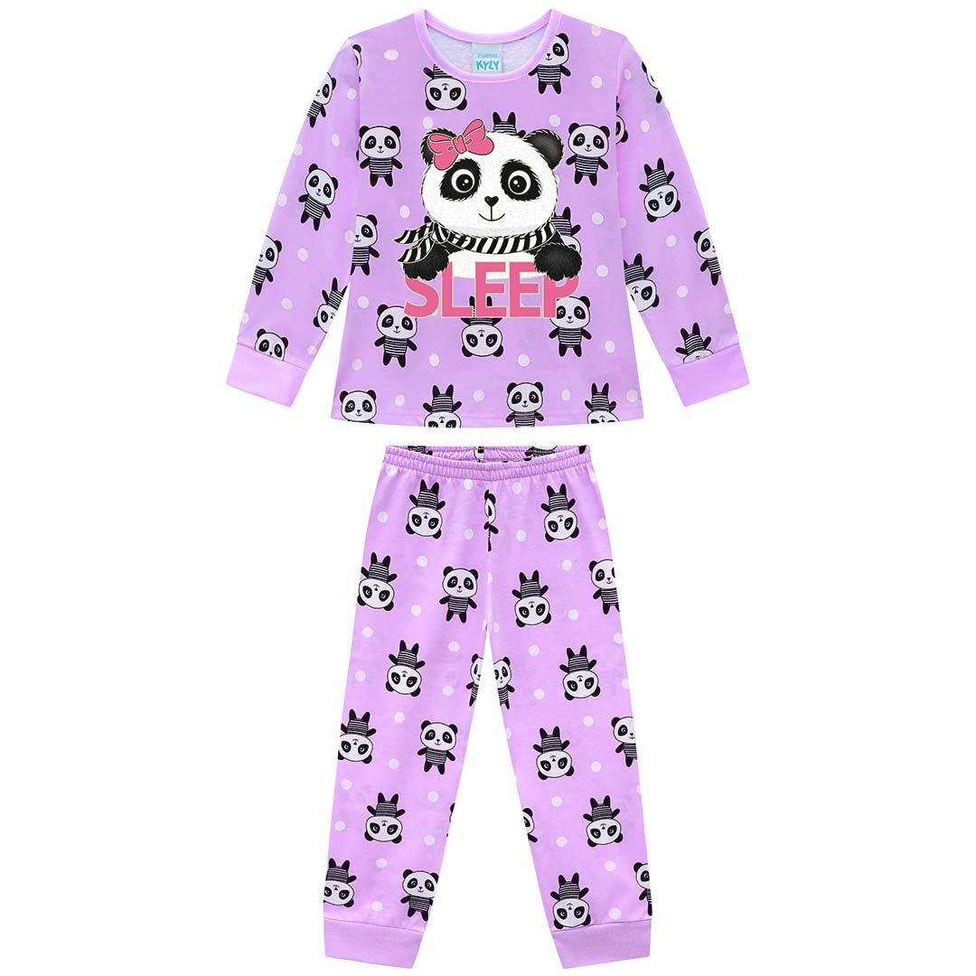 Pijama Infantil Feminino Longo Brilha no Escuro Lilás Panda - Kyly
