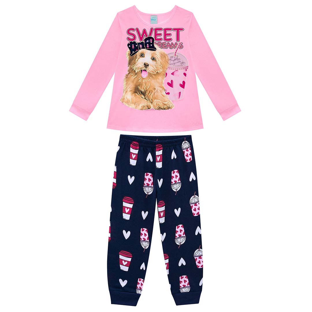 Pijama Infantil Feminino Longo Brilha no Escuro Rosa Cachorro - Kyly