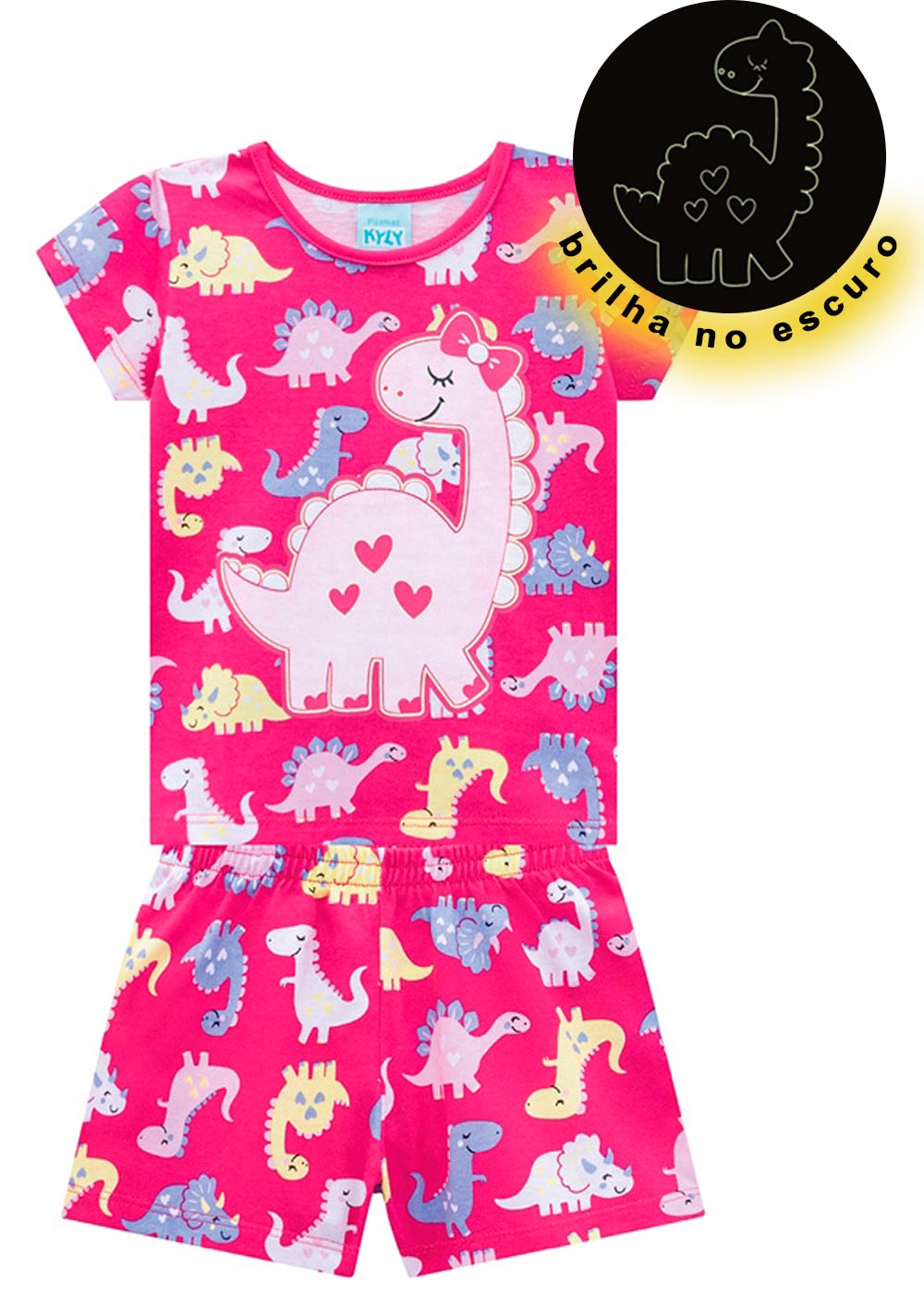 Pijama Infantil Feminino Verão Rosa Dino Brilha no Escuro - Kyly