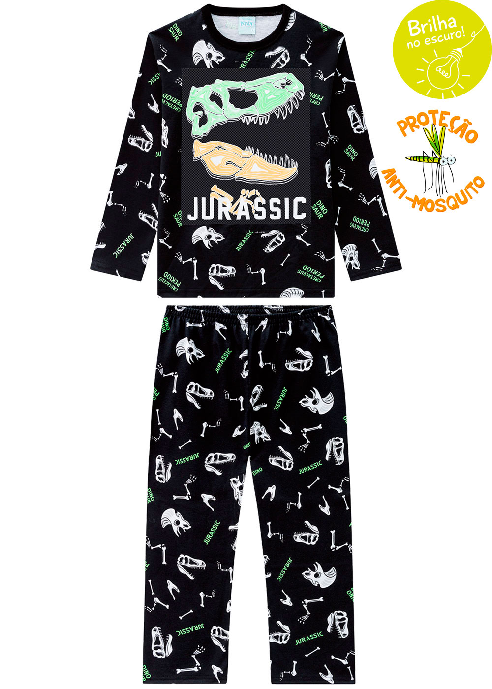 Pijama Infantil Masculino Preto que Brilha no Escuro Inverno Kyly