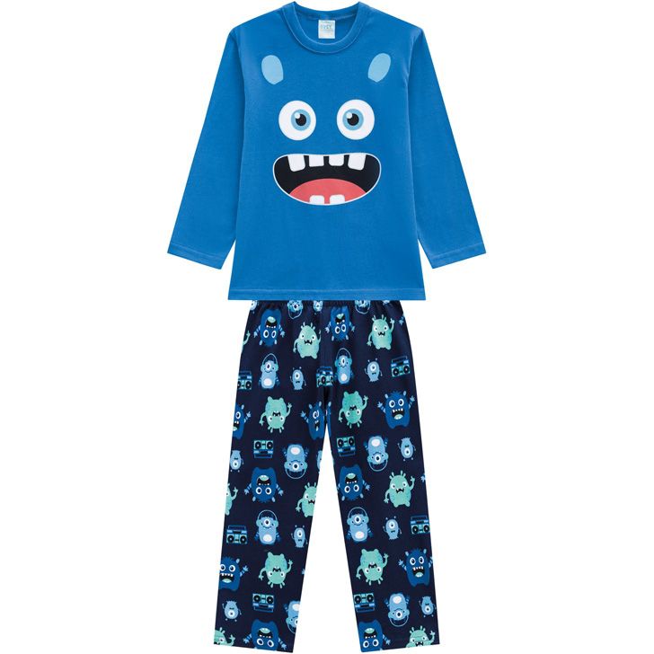 Pijama Infantil Masculino Inverno Azul Smile Brilha no Escuro - Kyly