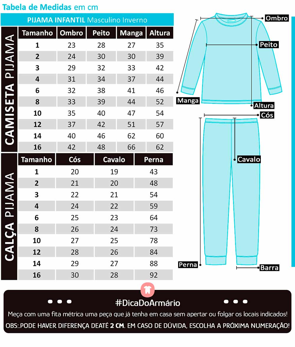 Pijama Infantil Masculino Longo Brilha no Escuro Azul Dinossauro - Kyly: Tabela de medidas