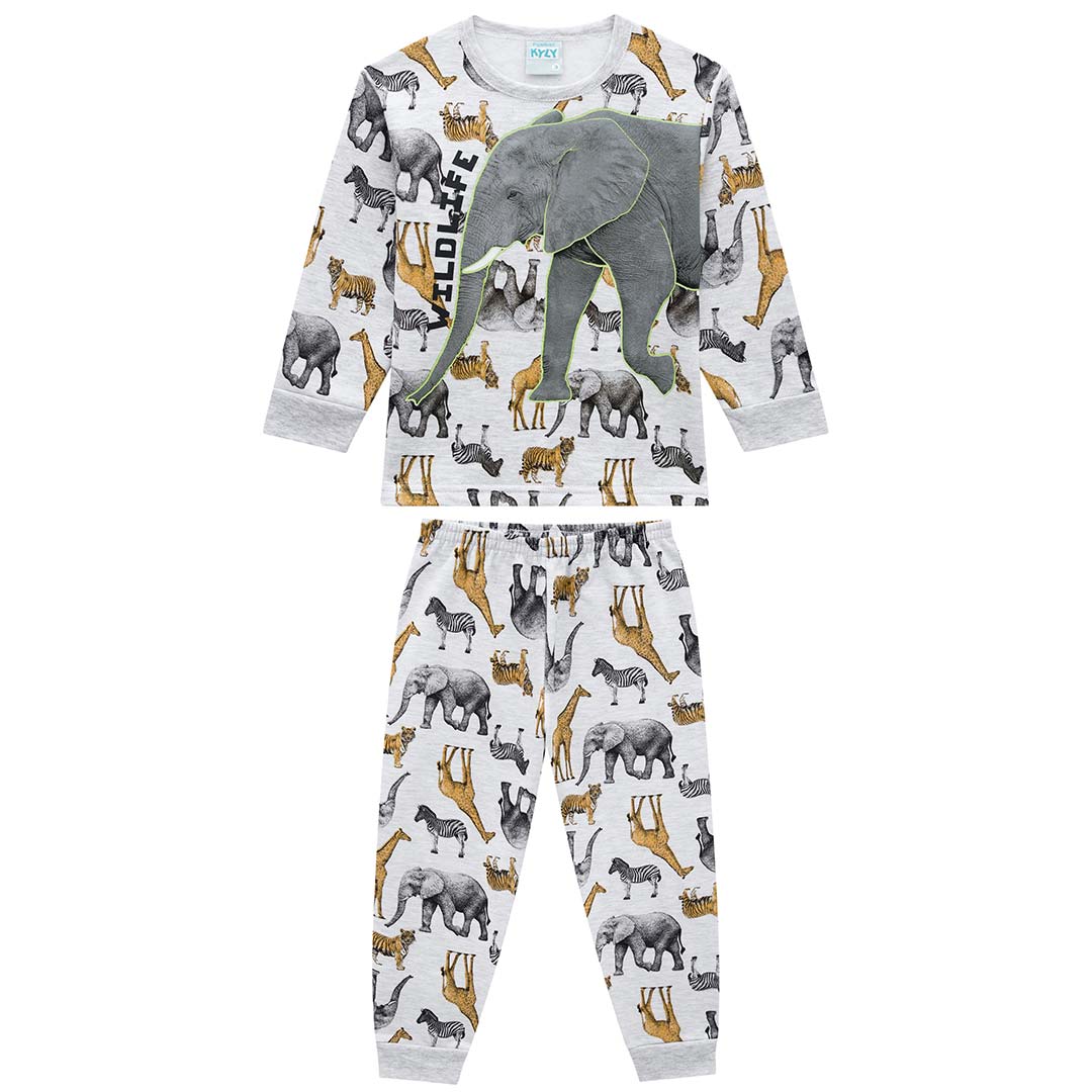 Pijama Infantil Masculino Longo Flanelado Brilha no Escuro Cinza Elefante - Kyly