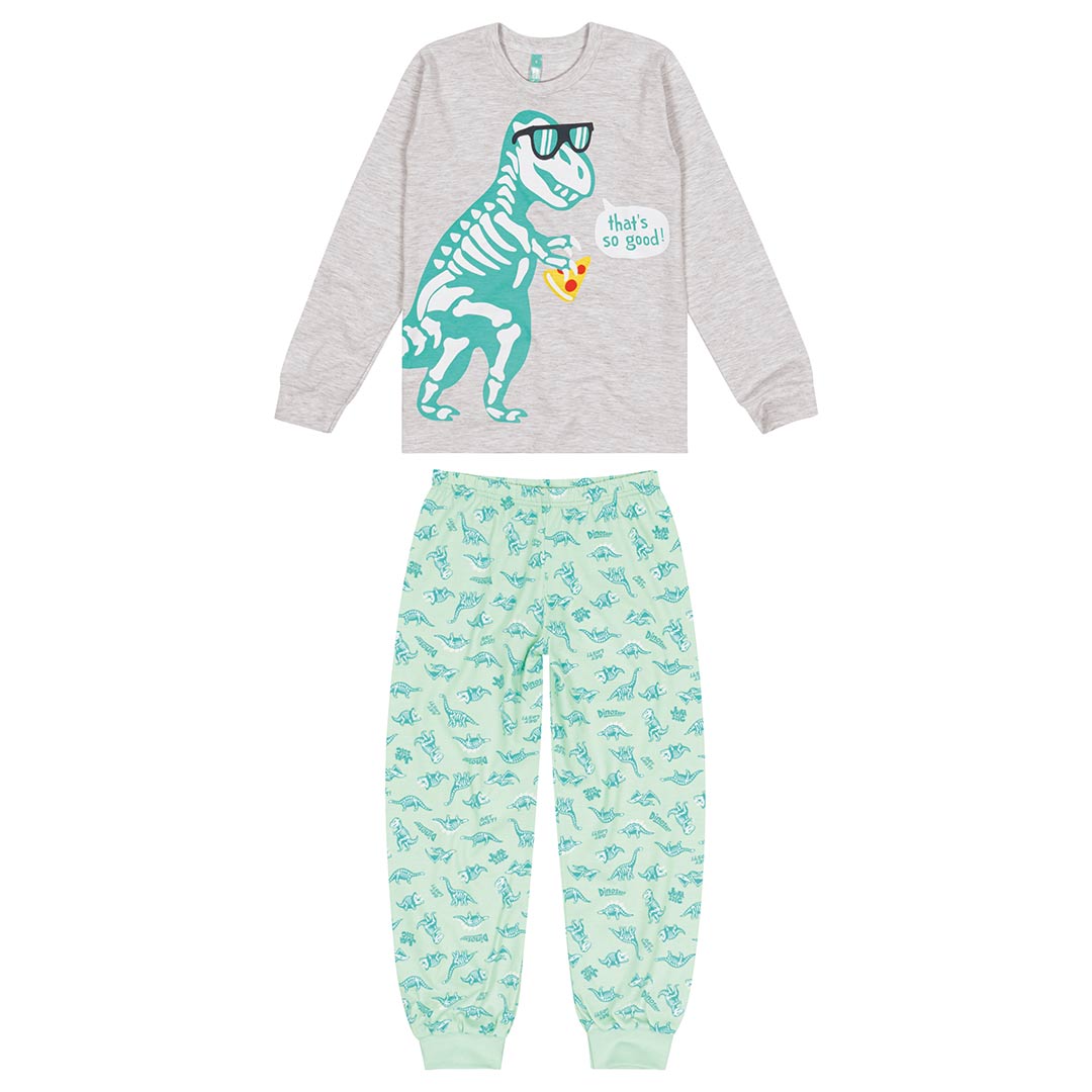 Pijama Infantil Masculino Longo Cinza Brilha no Escuro Dino Skull - Malwee