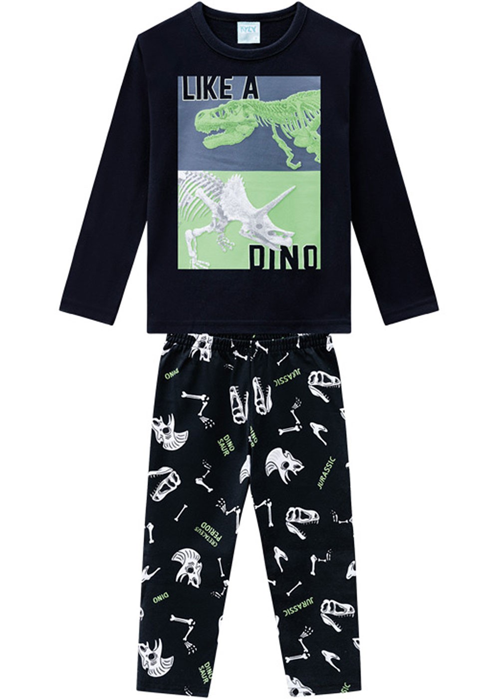 Pijama Infantil Masculino Preto que Brilha no Escuro Dino Inverno Kyly