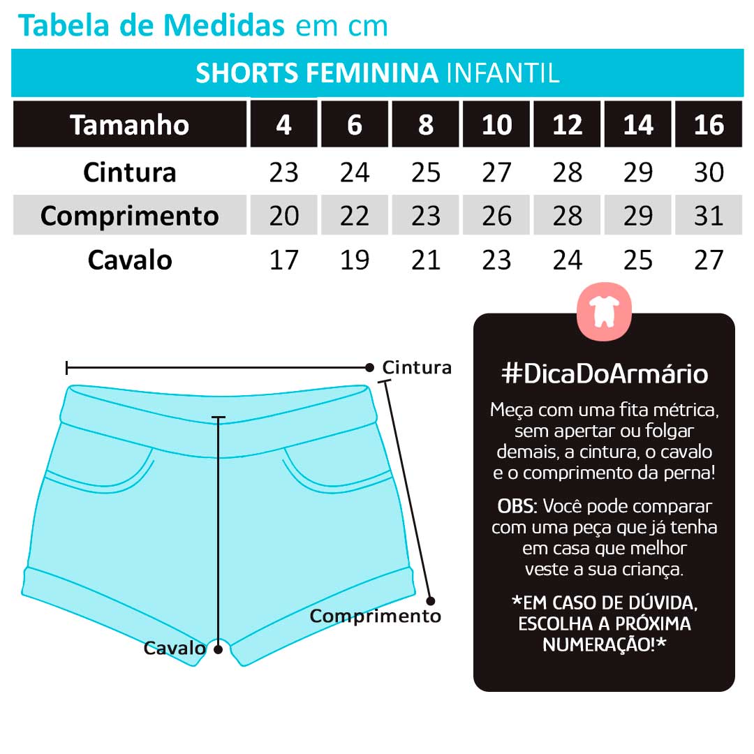 Short Infantil Feminino Verão Cinza Claro - Elian: Tabela de medidas