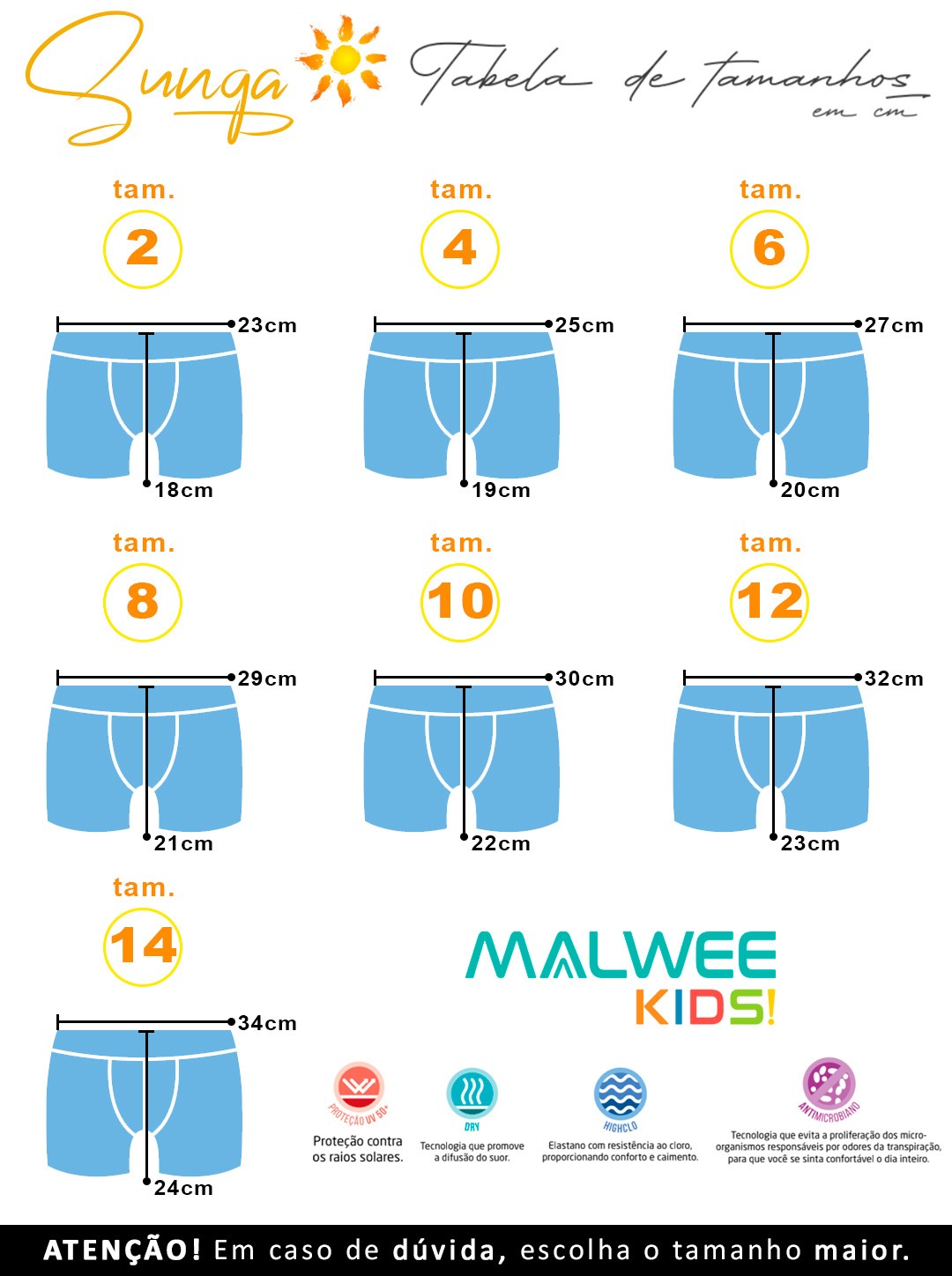 Sunga Infantil Proteção UV 50+ Azul Happy Dog - Malwee: Tabela de medidas