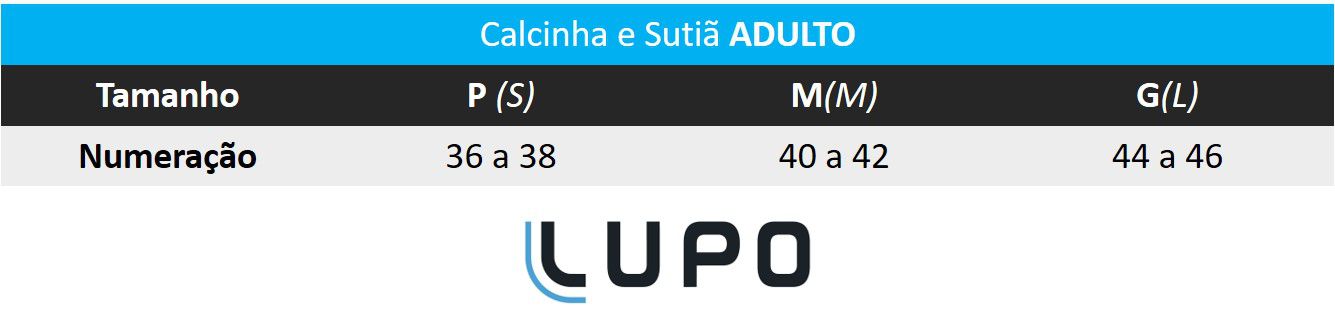 Sutiã ADULTO Bordô Lupo: Tabela de medidas