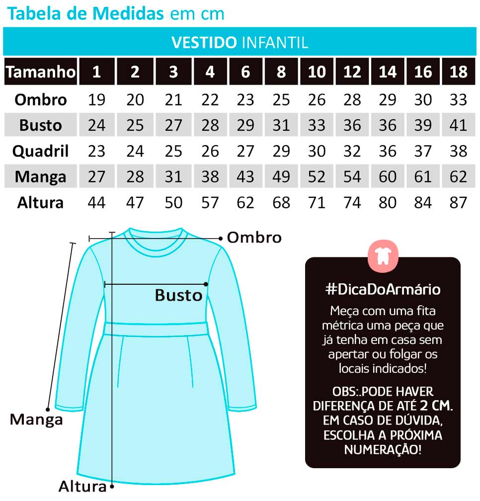 Vestido Infantil Azul Bolsa Inverno - Milon: Tabela de medidas