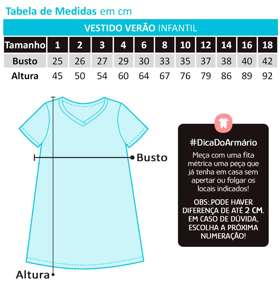 Vestido Infantil Curto Rosa Onça - Malwee: Tabela de medidas