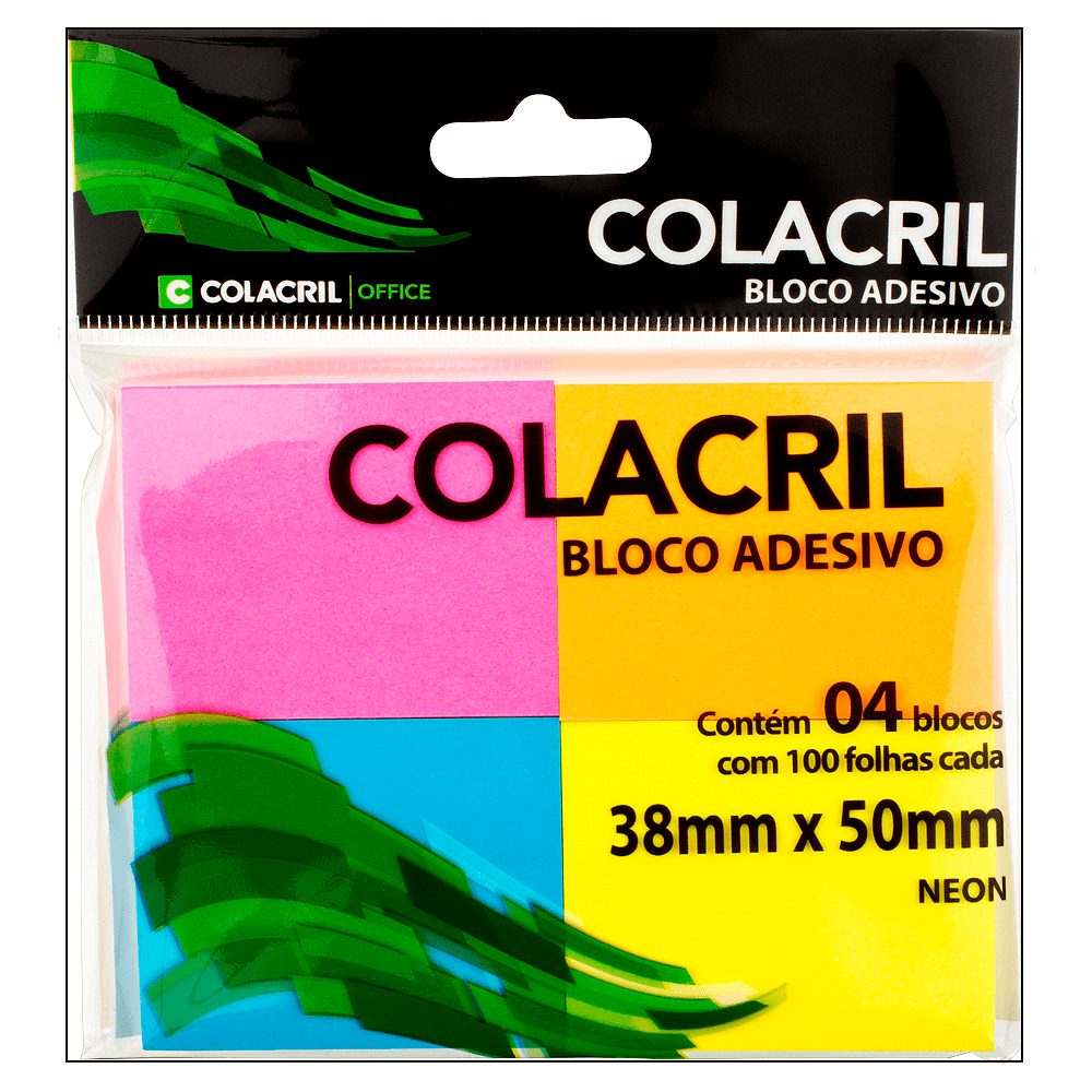 Bloco Autoadesivo Neon 38mm x 50mm Colorido 4 Blocos c/ 100 Folhas Colacril