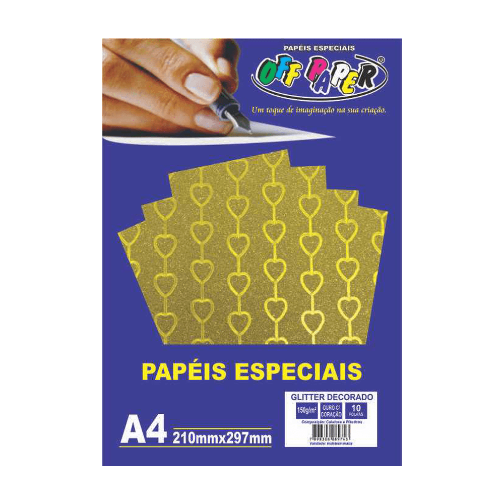 Papel Glitter Decorado A4 Ouro com Coração 150g 10 Folhas Off Paper