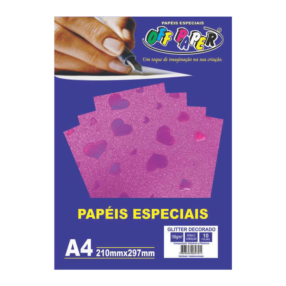 Papel Glitter Decorado A4 Rosa c/ Coração 150g 10 Folhas Off Paper
